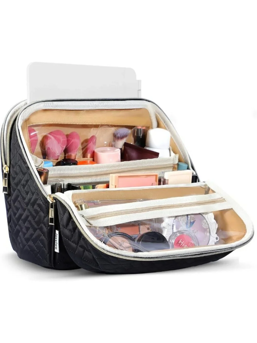 Large Capacity Makeup Bag with Brush Holder & Mirror - Waterproof Travel
